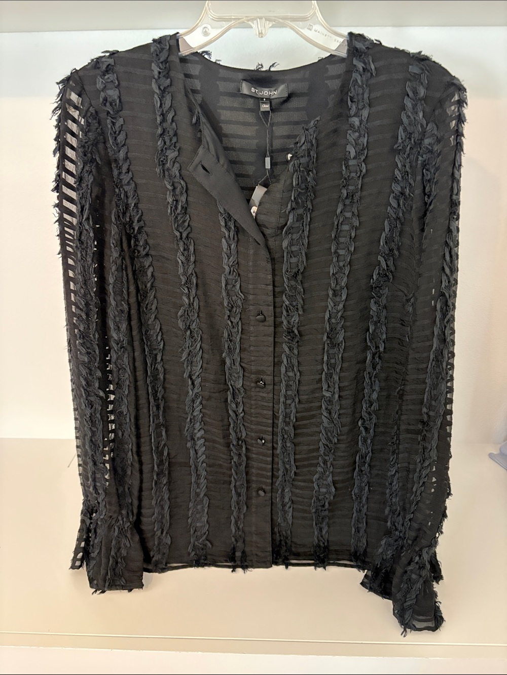 St. John Black Sheer Textured Stripe Button-Down Blouse